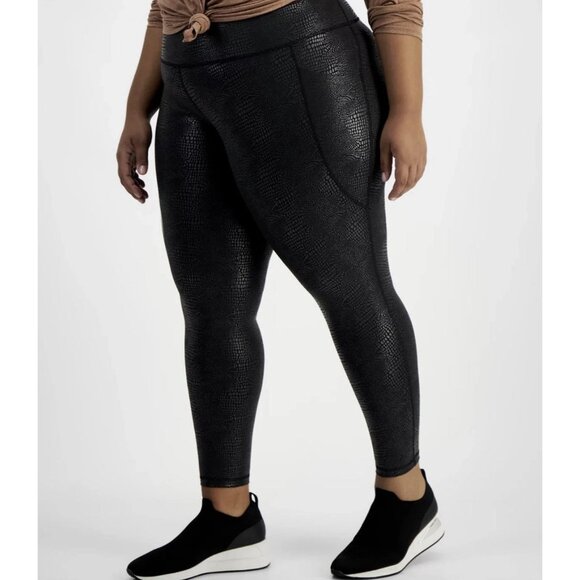 ID Ideology Plus Size Metallic Animal-Print Leggings - Deep Black - Size: 1X - Picture 3 of 6